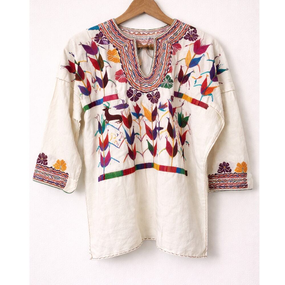 VTG Mexican Otomí Hand Embroidered Blouse M Colorful Birds Floral Renato Folk